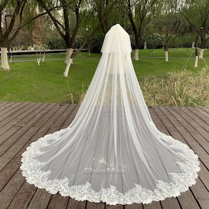 Elegant Bridal Vintage Lace Veil, Two Tier White or Ivory Blush Veil, Wedding Accessories, Luxurious Cathedral Wedding Lace Veil