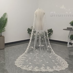 Vintage Cathedral Lace Applique Bridal Veil White or Ivory Lace Applique Veil Romantic Wedding Single Lace Veil