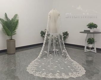 Vintage Cathedral Lace Applique Bridal Veil White or Ivory Lace Applique Veil Romantic Wedding Single Lace Veil