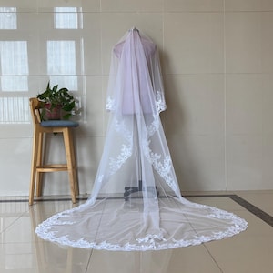 White, ivory, black luxurious wedding lace applique veil, cathedral single-layer retro lace veil