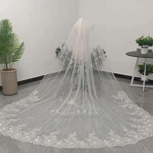White or Ivory Sequined Lace Veil Wedding Single Layer Lace Veil Lace Cathedral Bridal Veil Wedding Accessories with comb vail