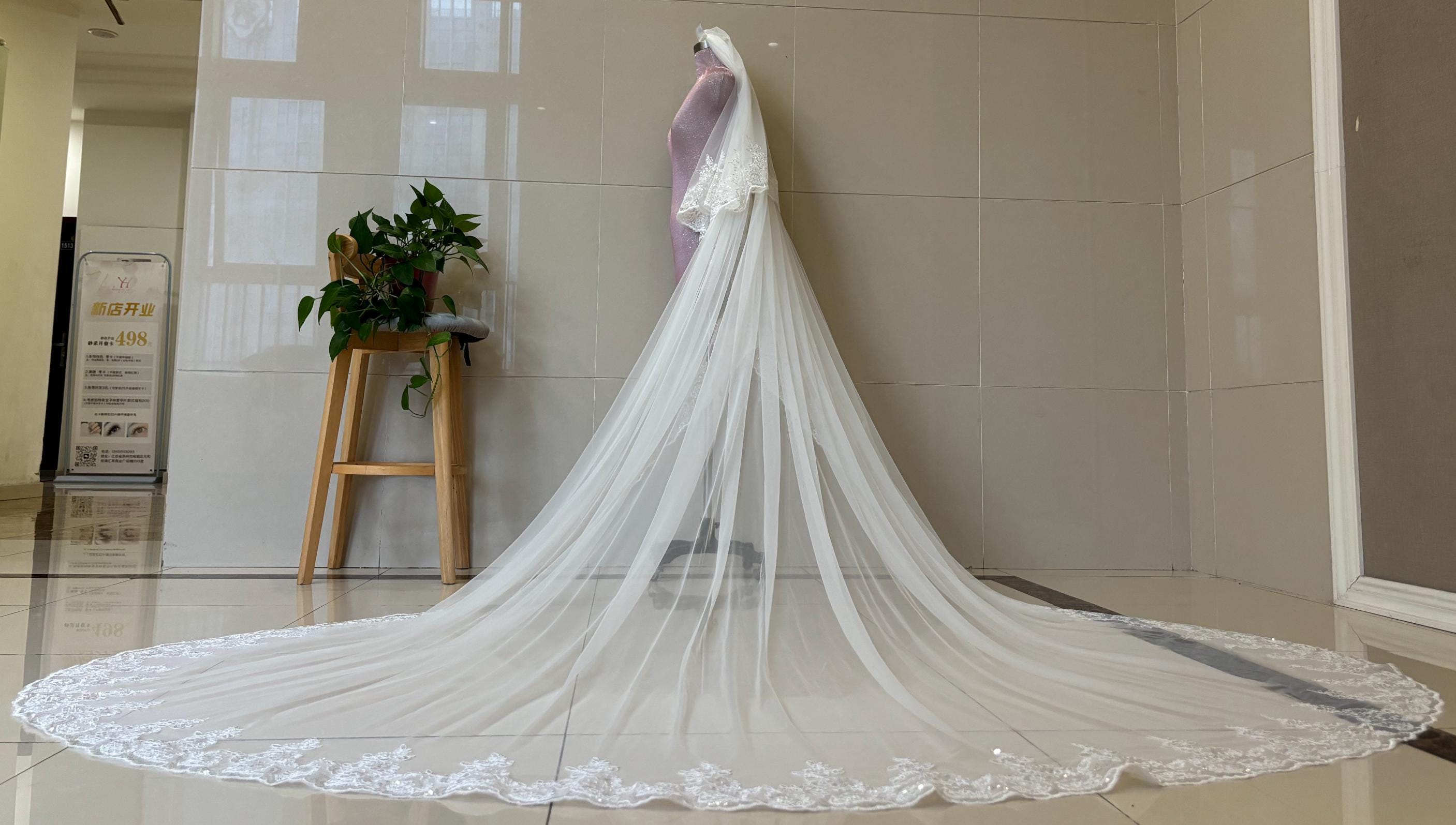 Black and white ivory veil, vintage cathedral bride lace veil, double layered cathedral wedding veil, sequined lace veil