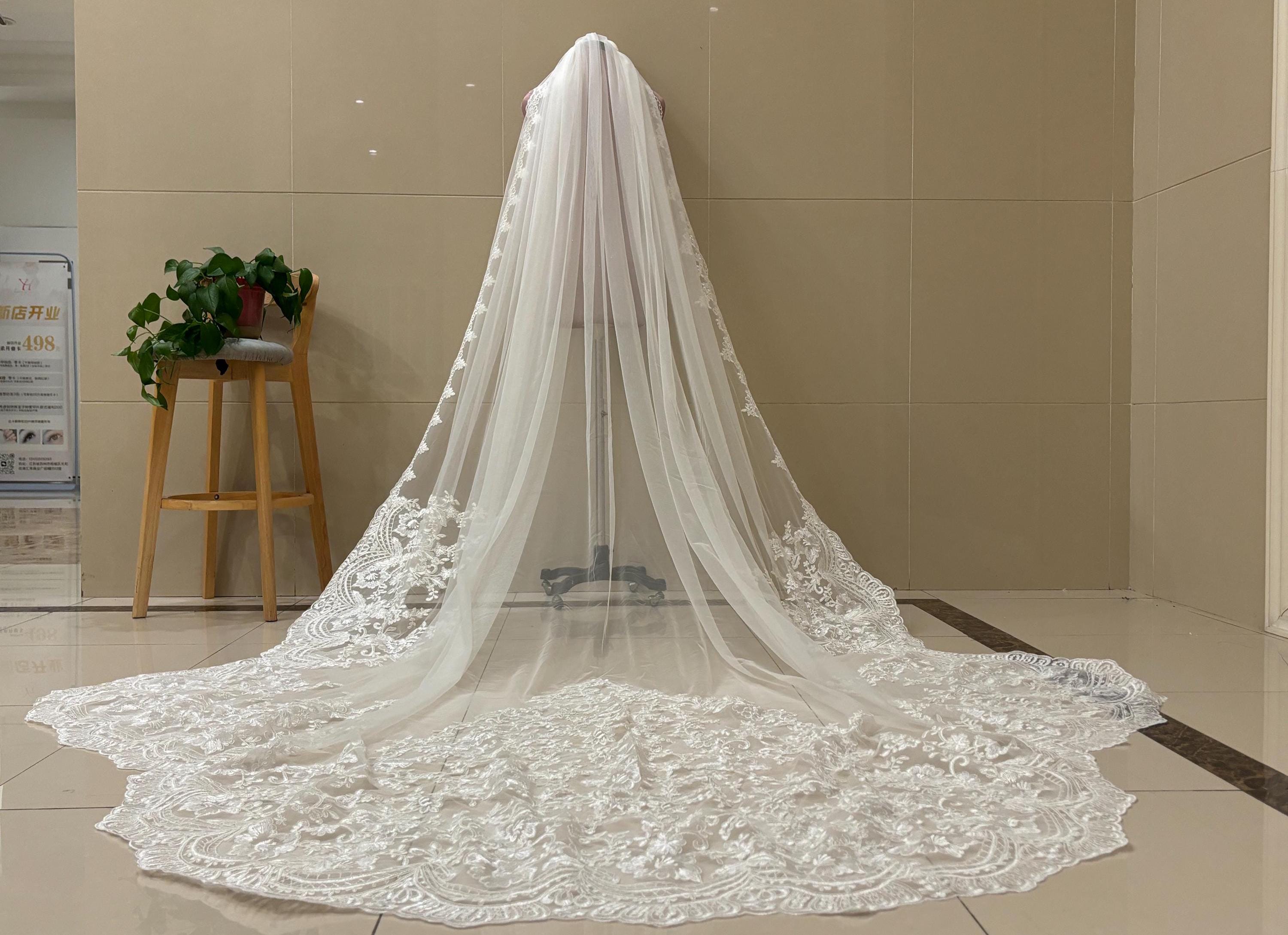 Wunderschöne High-End Kathedrale Spitze Blumen Schleier romantische Hochzeit Single-Layer Spitze Blumen Schleier Elfenbein Brautschleier weiße Spitze