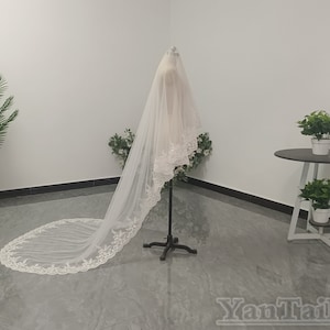 One Layer Sequin Lace Drape Veil Cathedral Wedding Ivory Lace Veil Elegant Bridal White Sequin Lace Trim Veil