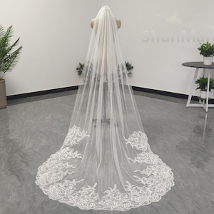 Romantic Wedding Sequin Lace Veil Chapel Length Bridal Veil One Layer Lace/Tulle Veil Cathedral Ivory and White Lace Veil