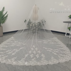 Luxurious Wedding Sequin Lace Veil Vintage Cathedral One Layer Lace Applique Bridal Veil White or Ivory Lace Sequin Wedding Veil