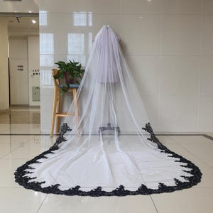 Romantic Wedding Lace Church Veil, Cathedral White, Ivory, Black, Champagne Lace Veil, Two tone Bridal Veil