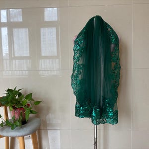 blackish green, black, red bridal lace veil, 1-layer sequined lace veil, sheer sequined lace veil, church lace veil