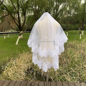 White or Ivory Two Layer Sequin Lace Veil, Beautiful Bridal Lace Short Veil, Wedding Tulle Veil with Comb