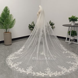Luxury Cathedral Wedding Lace Applique Veil White Ivory Vintage Lace Applique Veil Single Layer Floral Lace Bridal Veil Wedding Tulle Veil