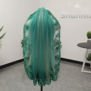 Beautiful Bridal Sequin Lace Veil Wedding Lace Vail One Layer Green Lace Sequin Veil Short White Ivory Tulle Veils