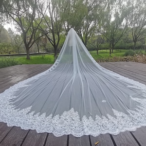Luxurious Cathedral Wedding Lace Veil, Vintage One Layer Sequin Lace Bridal Veil, White and Ivory Lace Appliqué Wedding Veil