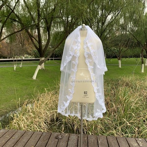 Two Layer Lace Veil, Short Wedding Lace Veil, White Lace Veil, Ivory Lace Veil, Elegant Bridal Tulle Veil