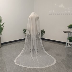 Romantic Wedding White Sequin Lace Veil Ivory Bridal Lace Veil Cathedral One Layer Lace Veil Soft Tulle Veil