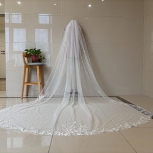 White, ivory lace veil, cathedral wedding lace decal veil, bride sequin lace veil