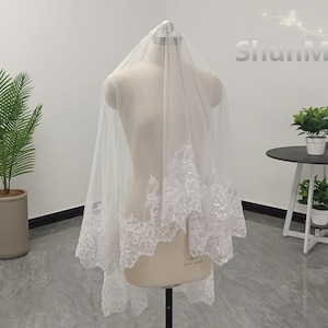 Beautiful Bridal Sequin Lace Drape Veil White Ivory Single Layer Sequin Lace Trim Veil Wedding One Layer Soft Tulle Veil