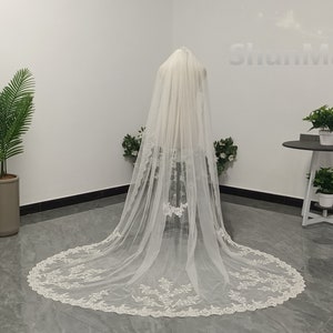 Luxury Cathedral Length Lace Appliqué Veil Beautiful Bridal One Layer Sequin Lace Applique Veil White Ivory Wedding Lace Applique Veil