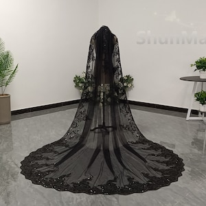 Black Sequin Lace Veil Luxurious Wedding Lace Applique Veil Lace Cathedral Bridal Veil White and Ivory One Layer Lace Veil