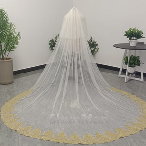 Romantic Wedding Gold Lace Veil Cathedral Two Layer Blush Veil White Ivory Bridal Lace Veil Wedding Dress Accessories