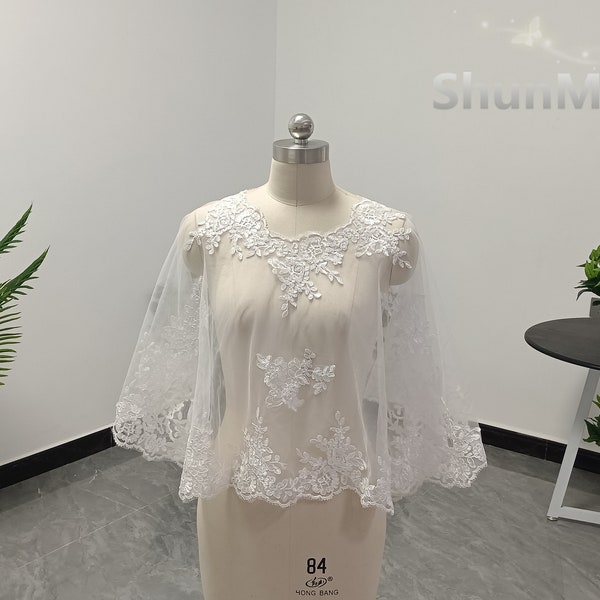 Elegant Bridal White Ivory Lace Applique Shawl Women Wedding Lace Pullover Shawl Bolero Jacket Bridal Evening Dress
