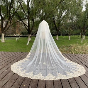 Luxurious Cathedral Wedding Blush Veil, Elegant Bridal White or Ivory Lace Trim Veil, Two Layer Tulle Veil, Wedding Accessories