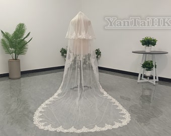 Two Layer White Ivory Lace Veil Lace Cathedral Wedding Veil Elegant Bridal Lace Veil with Comb