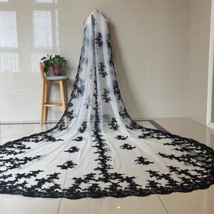 Ivory and black, white and black, champagne and black, black and black applique veil, vintage cathedral bride lace wedding dress