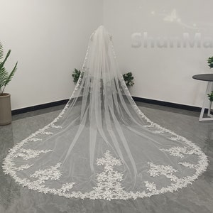 Vintage bruiloft kant applique sluier, kathedraal lengte witte kant applique sluier ivoor een laag kant sluier
