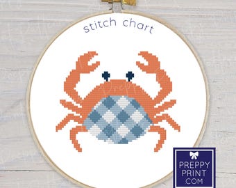 Preppy kustkrab met gingang | Borduursteektabel | Kruissteekpatroon | Patroon direct downloaden