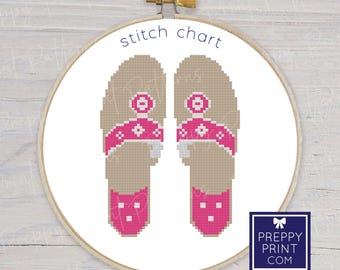 Preppy Palm Beach-sandalen | Borduursteektabel | Kruissteekpatroon | Patroon direct downloaden