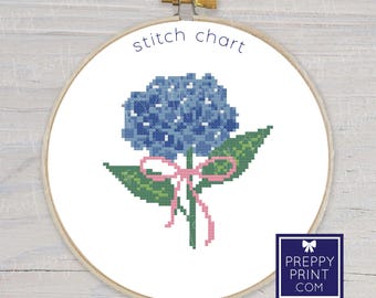 Preppy blauwe hortensiabloemen met strik | Borduursteektabel | Kruissteekpatroon | Patroon direct downloaden