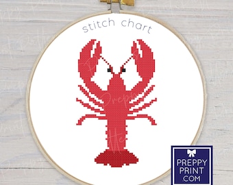 Preppy Coastal Nantucket Lobster | Borduursteektabel | Kruissteekpatroon | Patroon direct downloaden