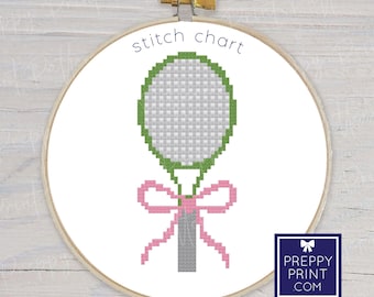 Preppy boogtennisracket | Borduursteektabel | Kruissteekpatroon | Patroon direct downloaden