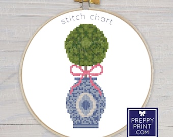 Preppy vormsnoei in een chinoiserie-gemberpotvaas | Borduursteektabel | Kruissteekpatroon | Patroon direct downloaden