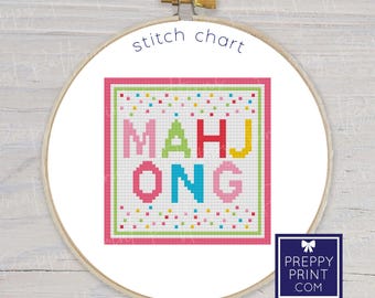 Preppy kleurrijke mahjong-confettionderzetter | Borduursteektabel | Kruissteekpatroon | Patroon direct downloaden