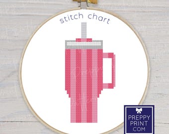 Preppy gestreepte thermische beker | Borduursteektabel | Kruissteekpatroon | Patroon direct downloaden