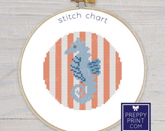 Preppy rond gestreept kustzeepaardje | Borduursteektabel | Kruissteekpatroon | Ornament onderzetter voor taslabel Instant downloadpatroon