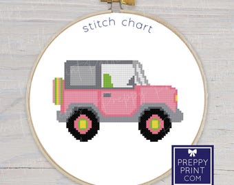 Preppy Palm Beach SUV auto vrachtwagen voertuig | Borduursteektabel | Kruissteekpatroon | Patroon direct downloaden