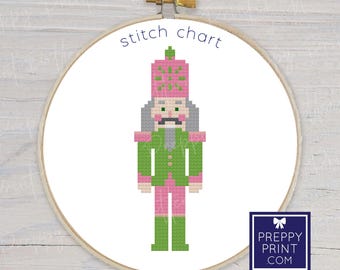 Preppy roze en groene kerstnotenkraker soldaat | Borduursteektabel | Kruissteekpatroon | Patroon direct downloaden