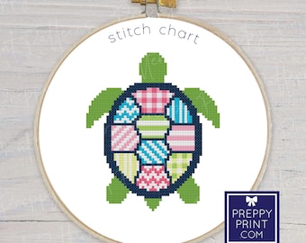 Preppy kust-patchworkschildpad | Borduursteektabel | Kruissteekpatroon | Patroon direct downloaden