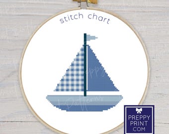 Preppy zeilboot met blauwe gingham-ruit | Borduursteektabel | Kruissteekpatroon | Patroon direct downloaden
