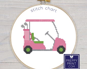 Preppy Palm Beach-golfkar | Borduursteektabel | Kruissteekpatroon | Patroon direct downloaden