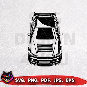 May include: Black and white illustration of a sports car from a top-down perspective. The car features a spoiler, hood vents, and detailed headlights. The image includes the text "SVG. PNG. PDF. JPG. EPS."