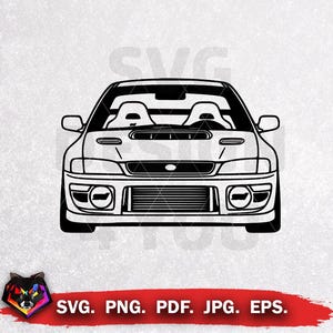 May include: A monochrome illustration of a car, seen from the front. The car features two headlights, a front grille, and two visible seats. The image includes the text "SVG. PNG. PDF. JPG. EPS."