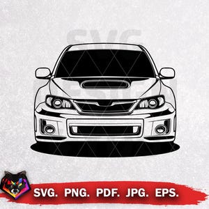 May include: A black and white line art illustration of the front view of a Subaru Impreza WRX STI car. The graphic features a hood scoop, detailed headlights, and a front bumper design. Below the car, the text reads SVG. PNG. PDF. JPG. EPS.