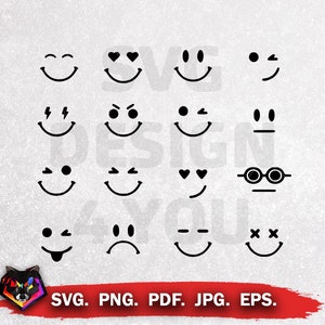 May include: A collection of black smiley face designs with various expressions, including hearts, winks, and glasses. The image also includes the text "SVG. PNG. PDF. JPG. EPS."