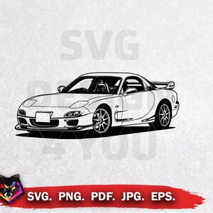 Könnte beinhalten: Eine schwarz-weiße Strichzeichnung eines Sportwagens mit flacher Karosserie, Heckspoiler und Speichenrädern. Das Design wird als digitale Grafikdatei präsentiert, wobei der Text SVG, PNG, PDF, JPG, EPS am unteren Rand zu sehen ist.