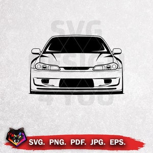 May include: Black and white line art illustration of a front view of a car. The car has a large front bumper and headlights.