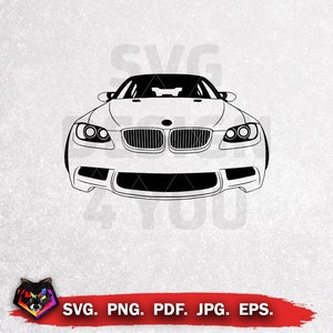 Op de afbeelding: Zwart-witte lijntekening van een vooraanzicht van een BMW-auto. De auto heeft een zwarte grille en koplampen.