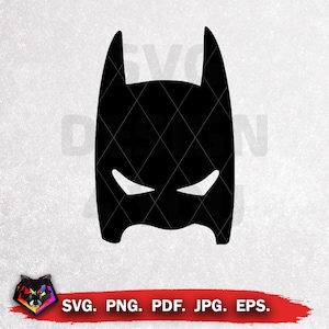 May include: Black and white silhouette of a Batman mask. The mask has a pointed top and a wide, flat bottom. The eyes are outlined in white.